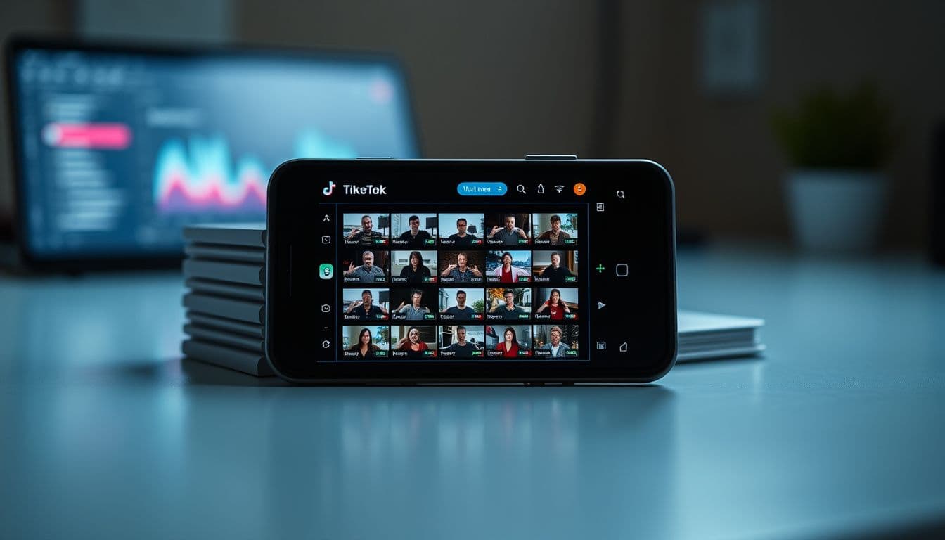 a smartphone displaying a TikTok feed of app install videos, with a stack of 20 thumbnail previews fanned out behind it, analytics dashboard glowing in the background